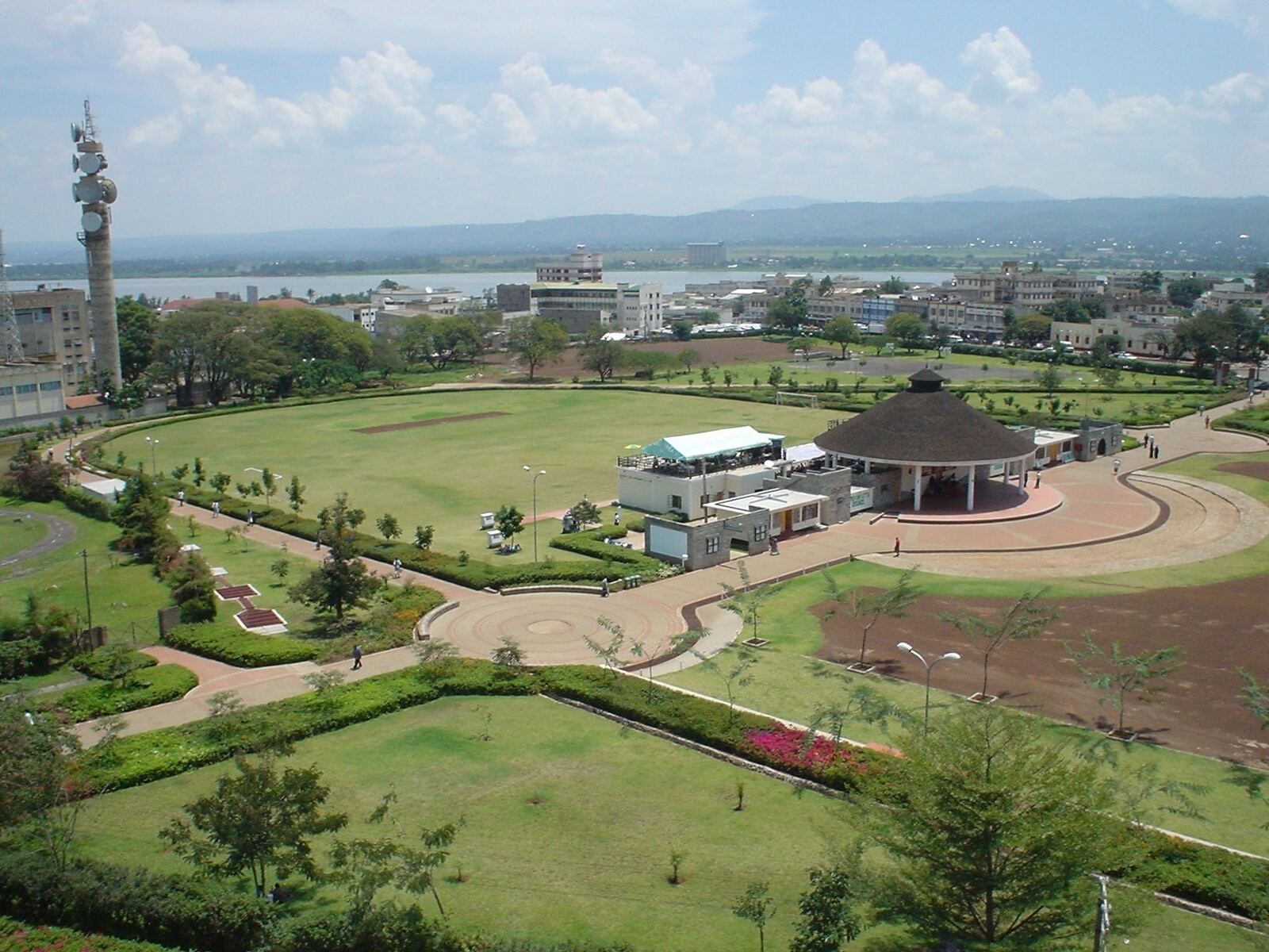 Kisumu from above: the sports ground and the shore of Lake Victoria